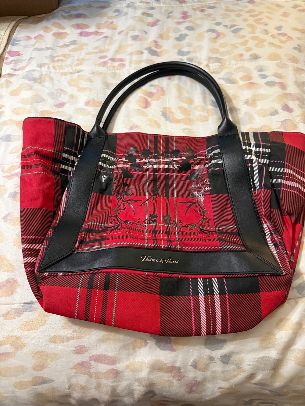 Victoria's Secret Red Plaid Tote with Black Trim and Floral Screen